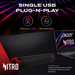 acer Nitro 2.0 Bluetooth USB Computer Speakers Gaming Soundbar for Laptop Desktop Monitor Tablet Phone via USB/USB-C on PC Mac & Android, Nitro Pulse RGB Lights, 3.5mm Audio, Xbox PS5
