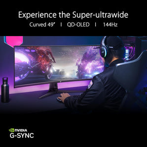 ASUS ROG Swift 49” Curved QD-OLED Gaming Monitor (PG49WCD) - Dual QHD 32:9 (5120x1440), 144Hz, 0.03ms, G-SYNC Compatible, Custom Heatsink, Uniform Brightness, Smart KVM, 90W USB-C PD, DisplayHDR 400