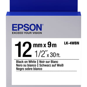 Epson LabelWorks Standard LK (Replaces LC) Tape Cartridge ~1/2" Black on White (LK-4WBN) - for use with LabelWorks LW-300, LW-400, LW-600P and LW-700 Label Printers