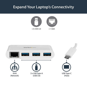 StarTech.com USB-C to Ethernet Adapter with 3 Port USB C Hub – Gigabit – White – Thunderbolt 3 Compatible – MacBook Pro 2016 (HB30C3A1GEA)