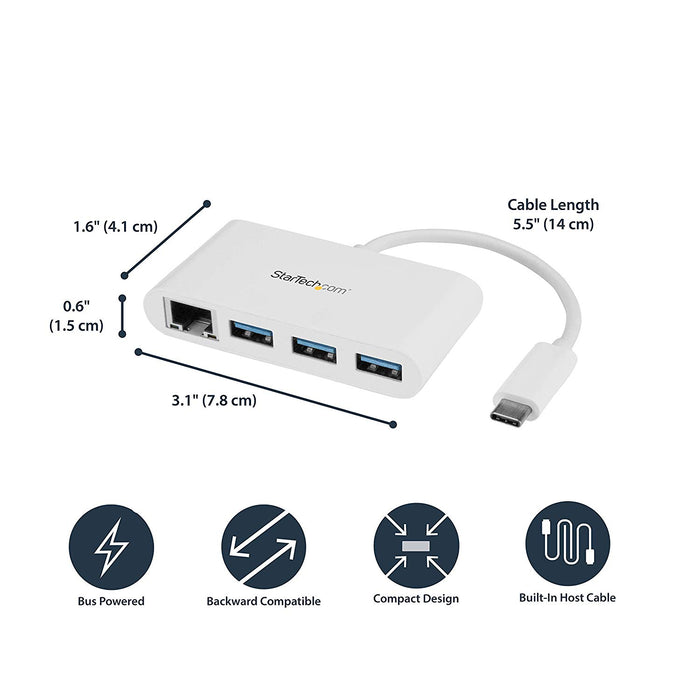 StarTech.com USB-C to Ethernet Adapter with 3 Port USB C Hub – Gigabit – White – Thunderbolt 3 Compatible – MacBook Pro 2016 (HB30C3A1GEA)