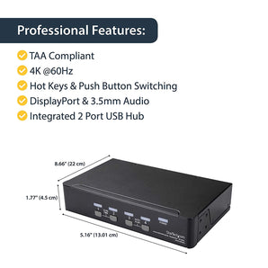 StarTech.com 4 Port DisplayPort 1.2 KVM Switch w/ Audio & USB Hub - 4K 60Hz - Keyboard, Video, Mouse Computer Switch Box for DP Monitor (SV431DPUA2)