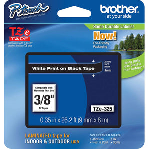 Brother Tape, White on Black, 9mm (TZe325) - Retail Packaging