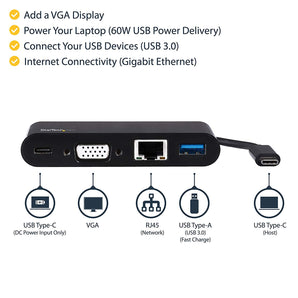 StarTech DKT30CVAGPD USB C Multiport Adapter - VGA/USB 3.0 / GbE - Power Delivery Charging (60W) - Mac/Windows/Chrome OS - USB C Adapter