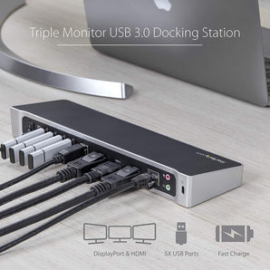 StarTech.com Triple Monitor USB 3.0 Laptop Docking Station - 4K HDMI, 2x DisplayPort - Universal USB Dock for Windows & Mac OS (USB3DOCKH2DP)